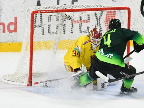 Na snímke zľava brankár Dávid Hrenák z Trenčína a Gabriel Chicoine zo Žiliny v zápase 17. kola hokejovej Tipsport ligy medzi HK Dukla Trenčín a Vlci Žilina.
