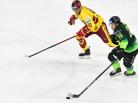 Na snímke zľava Samuel Krajč z Trenčína a Sebastián Šmída zo Žiliny v zápase 17. kola hokejovej Tipsport ligy medzi HK Dukla Trenčín a Vlci Žilina.