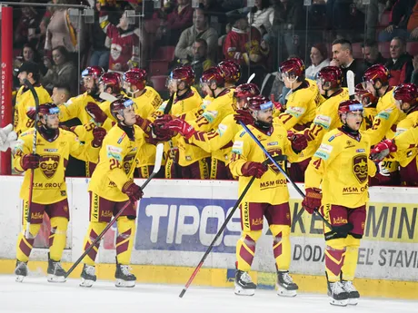 Na snímke radosť hokejistov Trenčína v zápase 17. kola hokejovej Tipsport ligy medzi HK Dukla Trenčín a Vlci Žilina.