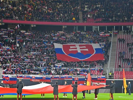 Slovenskí fanúšikovia pred zápasom A- skupiny európskej časti kvalifikácie MS2026 Nemecko - Slovensko.