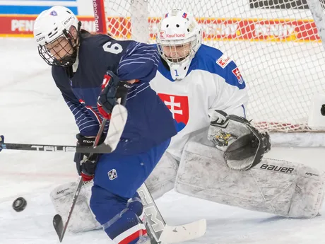 Na snímke sprava brankárka Lívia Debnárová (Slovensko) a Margot Huot Marchandová (Francúzsko) počas zápasu Francúzsko - Slovensko na Nemeckom pohári žien.
