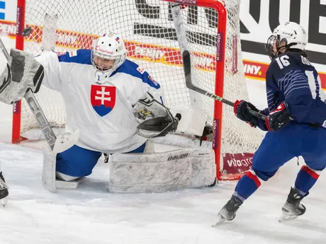 Na snímke zľava brankárka Lívia Debnárová (Slovensko) a Clara Rozierová (Francúzsko) počas zápasu Francúzsko - Slovensko na Nemeckom pohári žien.