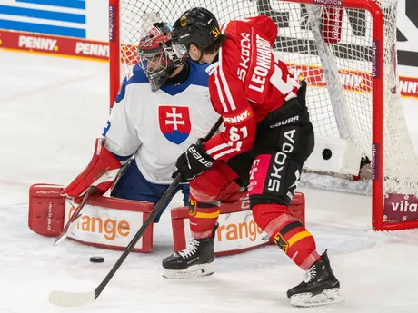 Na snímke zľava brankár Stanislav Škorvánek (Slovensko) a Danjo Leonhardt (Nemecko) počas hokejového zápasu Nemeckého pohára  Nemecko - Slovensko v nemeckom Landshute 9. novembra 2025. FOTO TASR - Martin Baumann

- šport
- hokej
- Landshut 
- Nemecký
- pohár 
- turnaj
- slovaciká
- muži
- Nemecko
- Slovensko