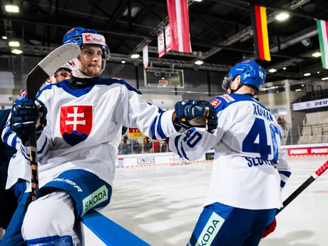 Slovenskí hokejisti oslavujú gól