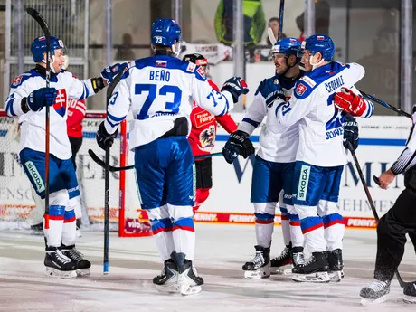 Slovenskí hokejisti oslavujú gól