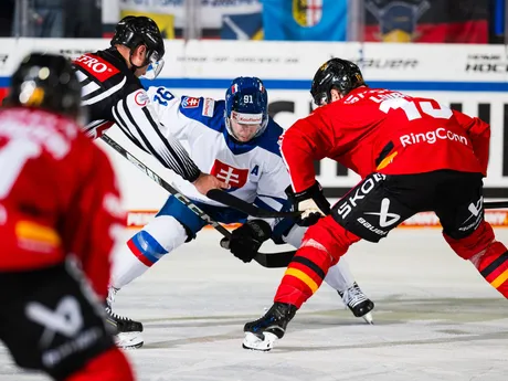 Matúš Sukeľ a Stefan Loibl počas zápasu Slovensko - Nemecko na Nemeckom pohári 2025.