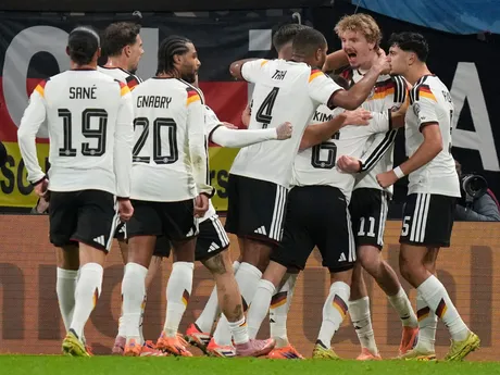 Nemecko oslavuje gól počas zápasu Nemecko - Slovensko v kvalifikácii MS vo futbale 2026. 