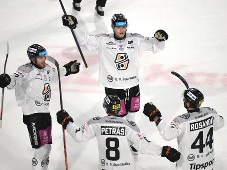 Na snímke gólová radosť hráčov Košíc počas zápasu 21. kola hokejovej Tipsport ligy HC Košice – Vlci Žilina.