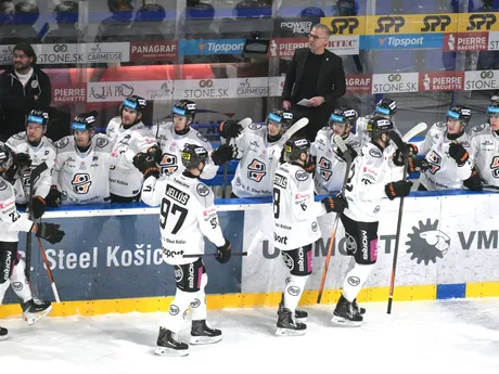 Na snímke gólová radosť hráčov Košíc počas zápasu 21. kola hokejovej Tipsport ligy HC Košice – Vlci Žilina.