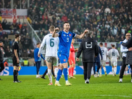 Na snímke hráči Slovenska oslavujúci víťazstvo počas kvalifikačného zápasu na Majstrovstvá sveta 2026 medzi Slovenskom a Severným Írskom v Košiciach.