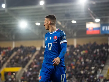 Na snímke hráč Slovenska Lukáš Haraslín (17) počas kvalifikačného zápasu na Majstrovstvá sveta 2026 medzi Slovenskom a Severným Írskom v Košiciach.
