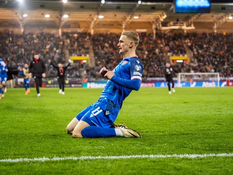 Na snímke hráč Slovenska Tomáš Bobček (8) oslavujúci svoj prvý gól v reprezentácií počas kvalifikačného zápasu na Majstrovstvá sveta 2026 medzi Slovenskom a Severným Írskom v Košiciach.