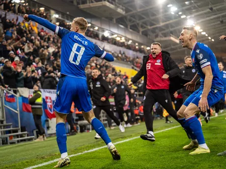 Na snímke hráč Slovenska Tomáš Bobček (8) oslavujúci svoj prvý gól v reprezentácií počas kvalifikačného zápasu na Majstrovstvá sveta 2026 medzi Slovenskom a Severným Írskom v Košiciach.