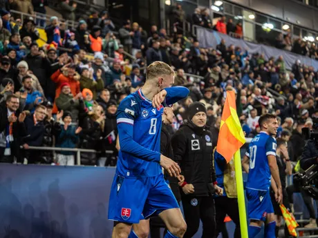 Na snímke hráč Slovenska Tomáš Bobček (8) oslavujúci svoj prvý gól v reprezentácií počas kvalifikačného zápasu na Majstrovstvá sveta 2026 medzi Slovenskom a Severným Írskom v Košiciach.