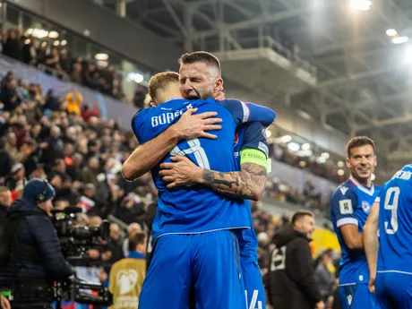 Na snímke hráč Slovenska Tomáš Bobček (8) oslavujúci svoj prvý gól v reprezentácií počas kvalifikačného zápasu na Majstrovstvá sveta 2026 medzi Slovenskom a Severným Írskom v Košiciach.