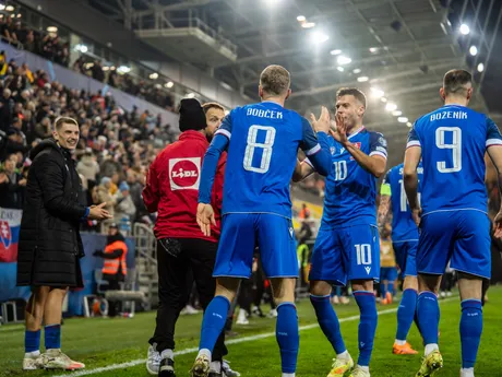 Na snímke hráč Slovenska Tomáš Bobček (8) oslavujúci svoj prvý gól v reprezentácií počas kvalifikačného zápasu na Majstrovstvá sveta 2026 medzi Slovenskom a Severným Írskom v Košiciach.