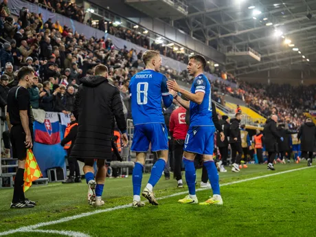 Na snímke hráč Slovenska Tomáš Bobček (8) oslavujúci svoj prvý gól v reprezentácií počas kvalifikačného zápasu na Majstrovstvá sveta 2026 medzi Slovenskom a Severným Írskom v Košiciach.