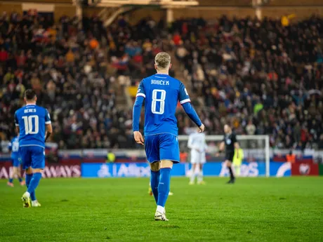 Na snímke hráč Slovenska Tomáš Bobček (8) oslavujúci svoj prvý gól v reprezentácií počas kvalifikačného zápasu na Majstrovstvá sveta 2026 medzi Slovenskom a Severným Írskom v Košiciach.