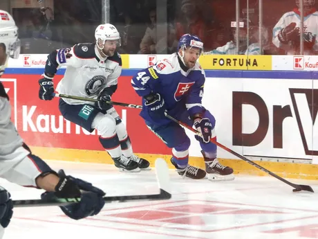 Na snímke zľava Jacob Berglund (Nórsko) a Mislav Rosandič (Slovensko) počas zápasu Vianočného Kaufland Cupu v hokeji Slovensko - Nórsko v Banskej Bystrici.