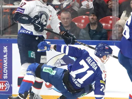 Na snímke zľava Andreas Martinsen (Nórsko) a Marek Ďaloga (Slovensko) počas zápasu Vianočného Kaufland Cupu v hokeji Slovensko - Nórsko v Banskej Bystrici.