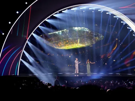 Robbie Williams a Nicole Scherzinger počas žrebu základných skupín MS vo futbale 2026