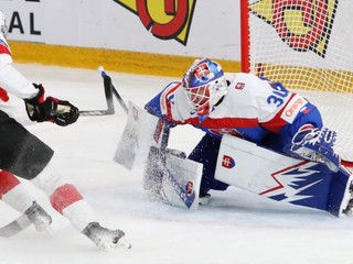Adam Gajan čelí nájazdu v zápase Slovensko - Švajčiarsko na MS v hokeji 2024.