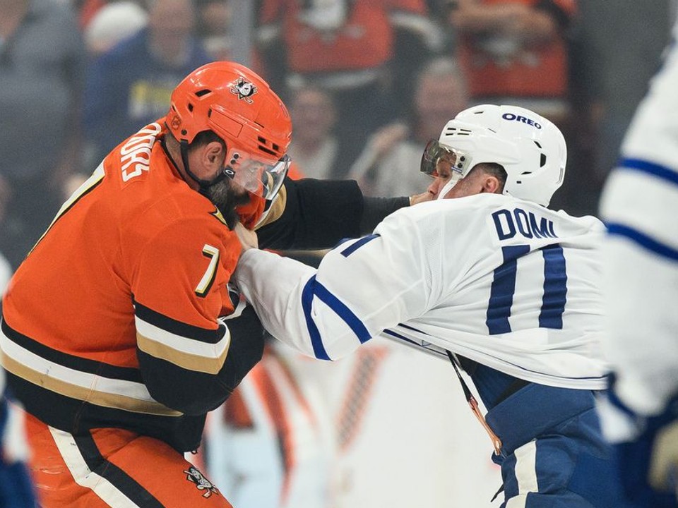 Radko Gudas (vľavo) a Max Domi v pästnom súboji.