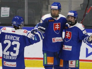 Slovenskí hokejisti sa tešia z gólu na Hlinka Gretzky Cupe 2022.
