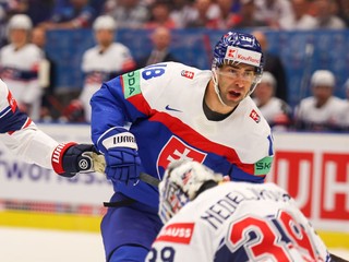 Andrej Kudrna v zápase Slovensko - USA v skupine B na MS v hokeji 2024.
