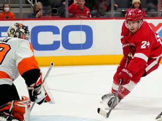 Brankár tímu Philadelphia Flyers Carter Hart a útočník Detroitu Red Wings Pius Suter.