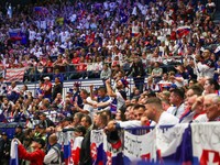 Fanúšikovia počas zápasu Slovensko - Poľsko v skupine B na MS v hokeji 2024.