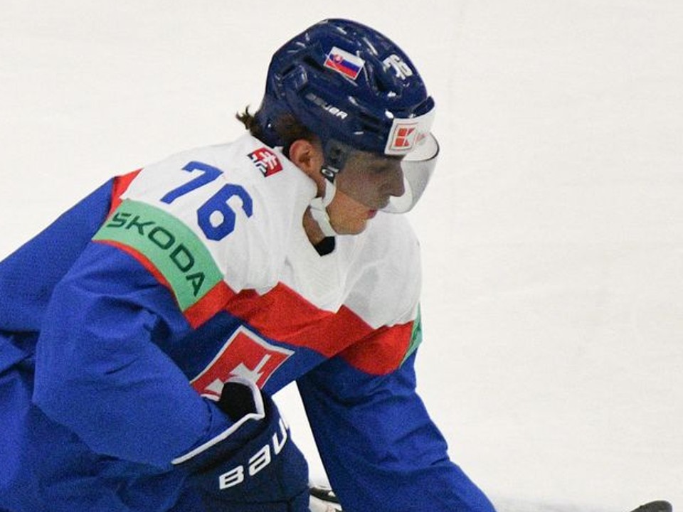 Slovenský útočník Martin Pospíšil v súboji s Nicom Sturmom na MS v hokeji 2024.