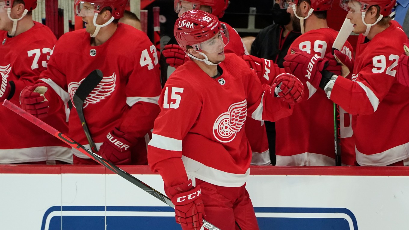 Jakub Vrána sa teší z gólu v drese Detroit Red Wings.