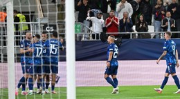Hráči Slovenska sa tešia z gólu počas zápasu C-divízie Ligy národov Slovensko - Moldavsko.