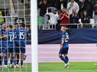 Hráči Slovenska sa tešia z gólu počas zápasu C-divízie Ligy národov Slovensko - Moldavsko.