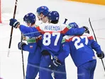 Gólová radosť hráčov Slovenska v zápase Slovensko - Kanada na MS v hokeji 2023.