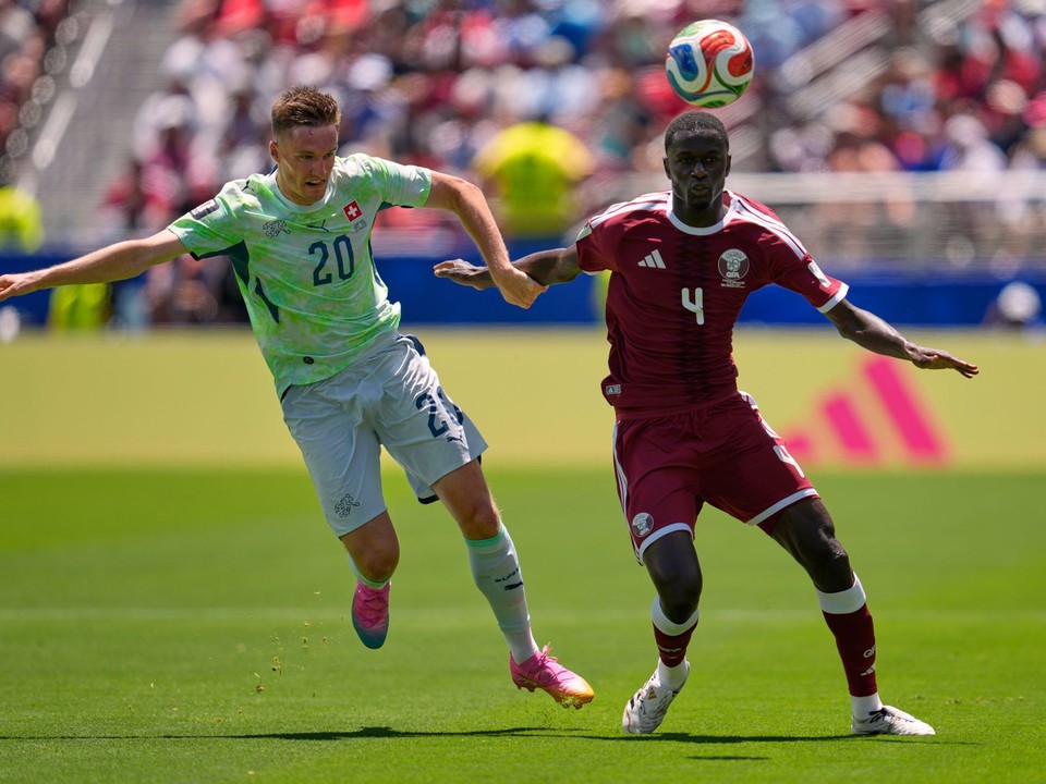 Switzerland's Michel Aebischer, left, and Qatar's Issa Laye fight for the ball during the World Cup Group B soccer match between Qatar and Switzerland in Santa Clara, Calif., near San Francisco, Saturday, June 13, 2026. (AP Photo/Eugene Hoshiko)

- Canada26
- Canada2026
- FIFA
- Mexico26
- Mexico2026
- soccer
- USA26
- USA2026
- worldcup
- worldcup26
- WorldCup2026
- futbol
- Canada26
- Canada2026
- FIFA
- Mexico26
- Mexico2026
- soccer
- USA26
- USA2026
- worldcup
- worldcup26
- WorldCup2026
- futbol