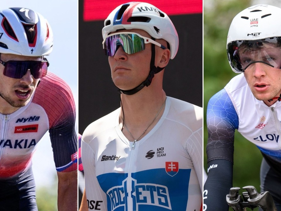 Elitní slovenskí cyklisti, zľava Martin Svrček, Lukáš Kubiš a Matthias Schwarzbacher.
