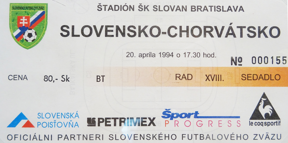 Vstupenka zo zápasu Slovensko - Chorvátsko v Bratislave (20.4.1994).