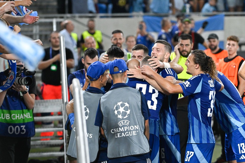 Na snímke radosť hráčov Slovana po strelení gólu v odvetnom stretnutí play-off Ligy majstrov ŠK Slovan Bratislava - FC Midtjylland 28. augusta 2024 v Bratislave.