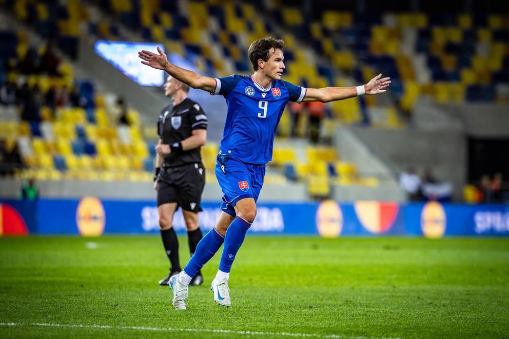 Roman Čerepkai po strelení gólu na 2:1 v prípravnom zápase Slovensko 21 – Wales 21 v Dunajskej Strede (15.10.2024)