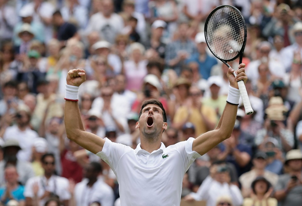 Novak Djokovič sa teší po výhre nad Davidom Goffinom vo štvrťfinále Wimbledonu 2019.