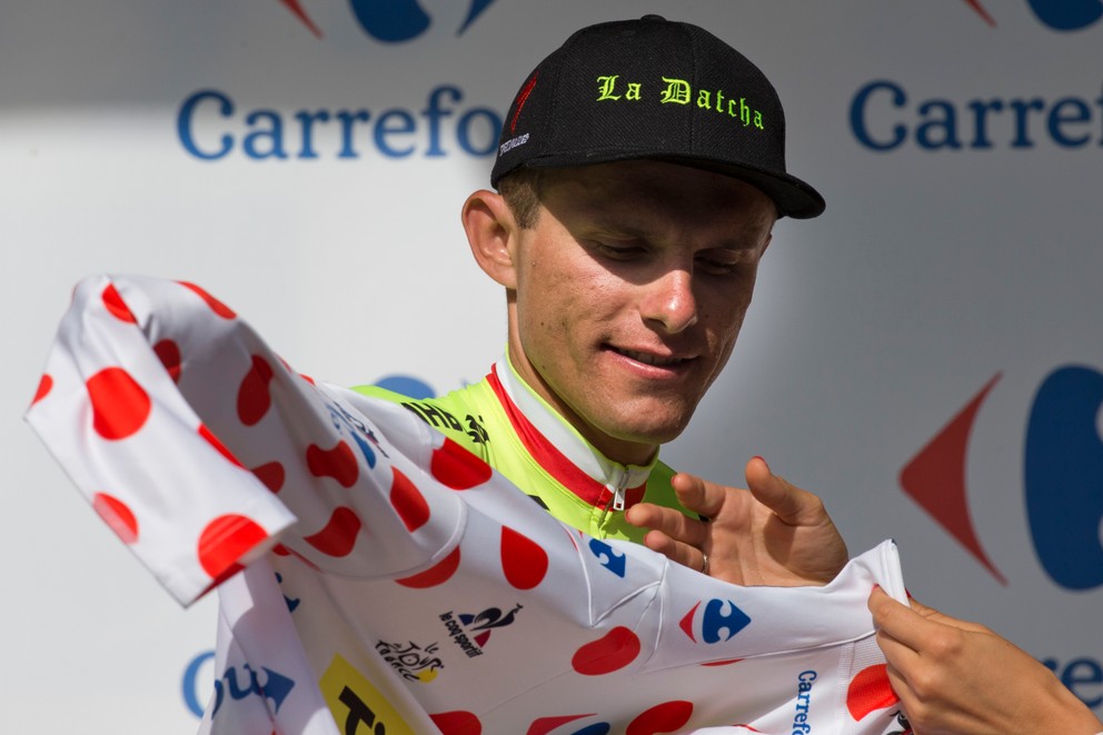 Rafal Majka v bodkovanom drese pre najlepšieho vrchára na Tour de France.