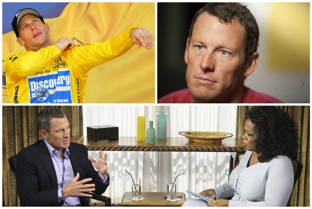 Zo žltého dresu k celosvetovej hanbe. Na dolnej fotografii Lance Armstrong u populárnej moderátorky Oprah Winfrey, kde priznal doping.