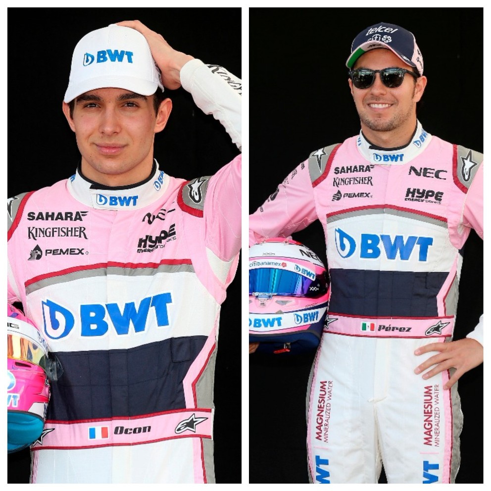 Mexičan Sergio Perez (vpravo) a Francúz Esteban Ocon.