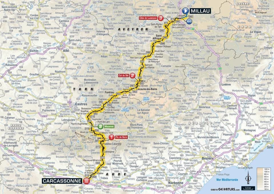 Mapa 15. etapy Tour de France 2018.