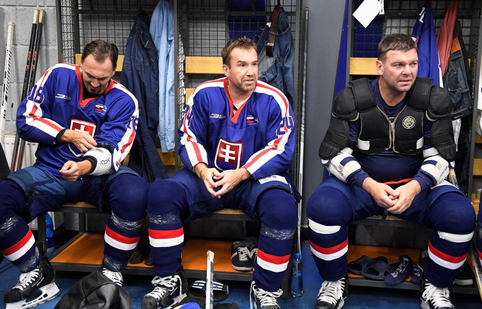 Miroslav Šatan, Žigmund Pálffy a Jozef Stümpel pred exhibíciou hviezd Slovensko – Švédsko.