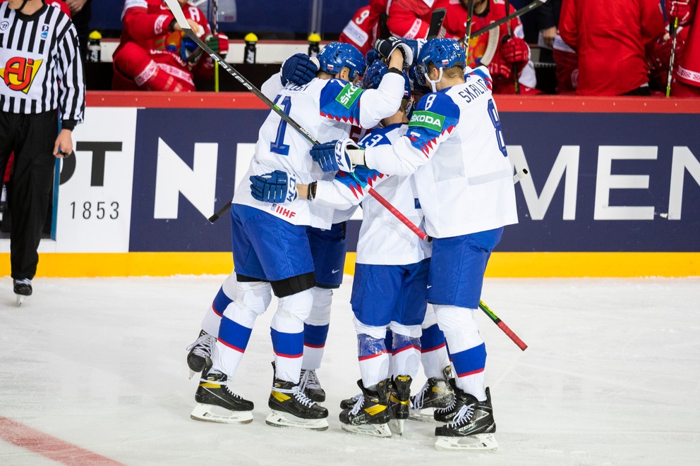 Radosť po góle v zápase Slovensko - Bielorusko na MS v hokeji 2021.