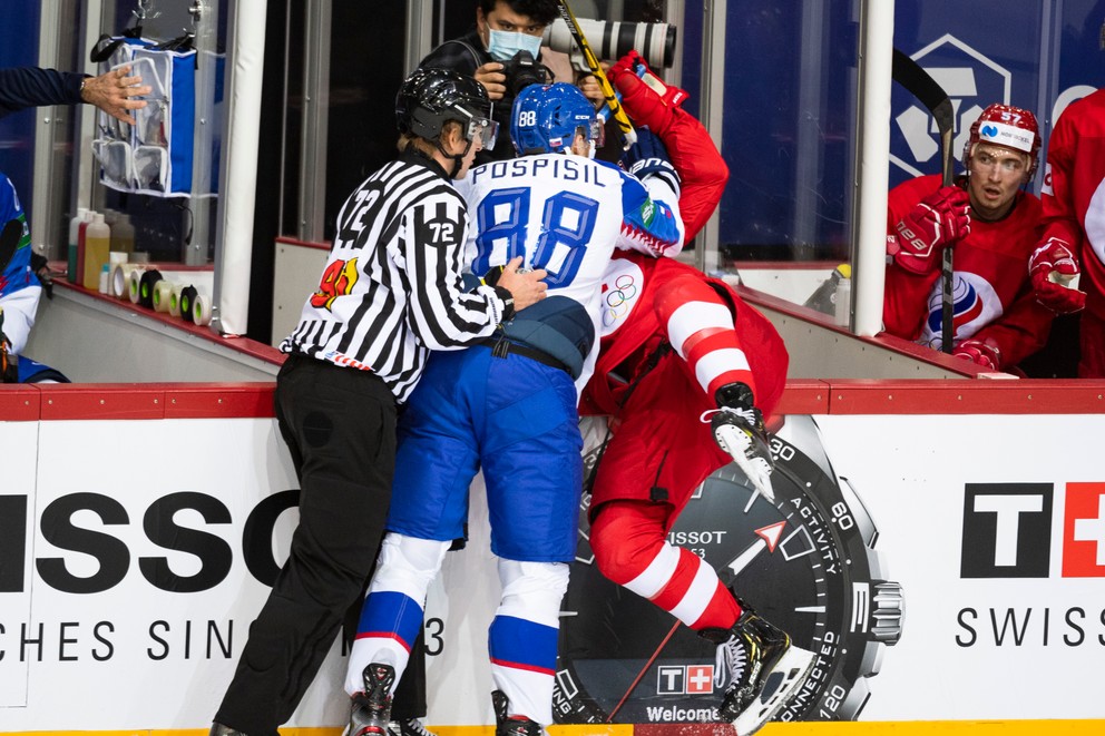 Kristián Pospíšil v zápase Slovensko - Rusko na MS v hokeji 2021.