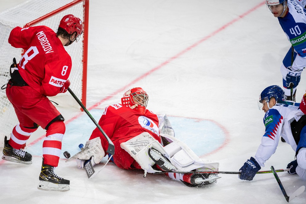 Miloš Roman v zápase Slovensko - Rusko na MS v hokeji 2021.